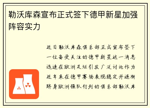 勒沃库森宣布正式签下德甲新星加强阵容实力 勒沃库森宣布正式签下德甲新星加强阵容实力